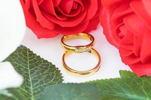 dichtbij omhoog goud ring en rood rozen Aan wit foto