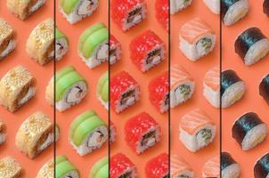 collage met verschillend types van Aziatisch sushi broodjes Aan oranje achtergrond. minimalisme top visie vlak leggen patroon met Japans voedsel foto