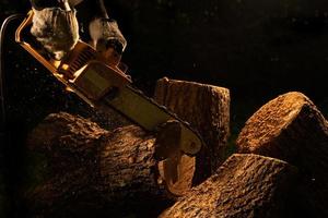 elektrisch kettingzagen besnoeiing bomen in de Woud voor gebouw een huis en maken brandhout de concept van ontbossing foto