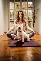 vrouw aan het doen yoga met haar hond foto