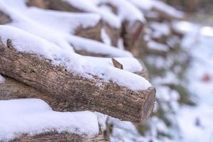 droog brandhout en sneeuw in de winter, gestapeld in de achtertuin. foto