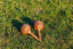 Cubaans maracas Aan de groen gras. traditioneel musical instrument gemaakt van natuurlijk materialen. foto