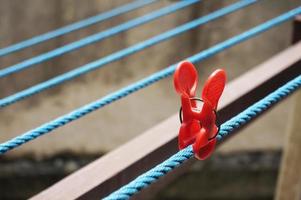 rood wasknijper Aan de hangers. plastic wasknijpers. foto