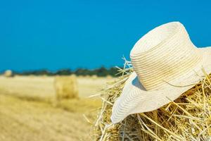 werken hoed van een boer Aan een hooiberg. landbouw concept.oogst concept foto