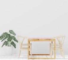 leven kamer en wit muur, groot venster, houten tafel set, minimaal stijl ,bespotten omhoog en kopiëren ruimte muur - 3d renderen - foto