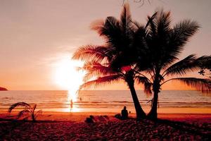 silhouet van mooi zonsondergang Aan de zee strand met palm boom voor reizen in vakantie kom tot rust tijd, foto