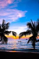 silhouet van mooi zonsondergang Aan de zee strand met palm boom voor reizen in vakantie kom tot rust tijd, Aan natuur achtergrond foto