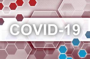 Letland vlag en futuristische digitaal abstract samenstelling met covid-19 inscriptie. coronavirus het uitbreken concept foto