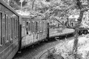 speelgoed- trein in beweging Aan berg helling, mooi visie, een kant berg, een kant vallei in beweging Aan spoorweg naar de heuvel, tussen groen natuurlijk bos.speelgoed trein van kalka naar shimla in india-zwart en wit foto