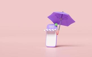 3d Purper mobiel telefoon, smartphone met op te slaan voorkant, paraplu, vinkje geïsoleerd Aan roze achtergrond. online winkelen, minimaal, beschermen opstarten franchise bedrijf concept, 3d geven illustratie foto