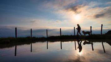 een vrouw Aan een berg wandeltocht met haar geliefde hond Bij zonsondergang foto