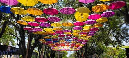 straat versierd met kleurrijk paraplu in holambra lucht foto