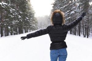 vrouw vervelend naar beneden jasje met een kap wandelen in park gedurende verkoudheid winter dag foto