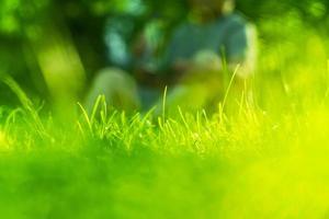 groen gras met een persoon uit focus Aan achtergrond foto