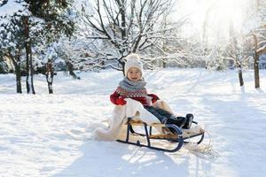 kleuter jongen zittend Aan de slee in een besneeuwd stad park gedurende zonnig winter dag foto