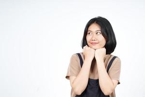 denken en nieuwsgierig gebaar van mooi Aziatisch vrouw geïsoleerd Aan wit achtergrond foto