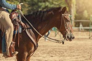 paard rijden van cowboy in de boerderij foto