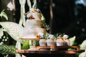 fijnproever cupcakes met wit botercrème glimmertjes en hagelslag Aan houten achtergrond foto