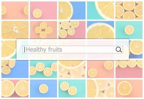 visualisatie van de zoeken bar Aan de achtergrond van een collage van veel afbeeldingen met sappig sinaasappelen. gezond fruit foto