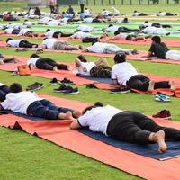 groep yoga oefening sessie voor mensen van verschillend leeftijd groepen Bij krekel stadion in Delhi Aan Internationale yoga dag, groot groep van volwassenen Bijwonen yoga sessie foto