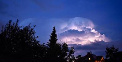 ver weg onweersbui Bij nacht met bliksem in de wolk foto