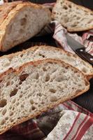 detailopname van stukken van rustiek brood Aan een katoen handdoek. eigengemaakt geheel graan brood, lay-out Aan de tafel, verticaal kader foto