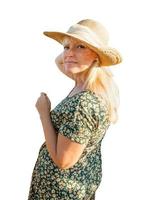 mooi Kaukasisch buitenshuis meisje vervelend zonnejurk en hoed geconfronteerd weg van camera foto