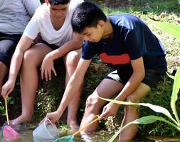 drie midden- school- jongens in zuidoosten Azië houden apparaten naar studie en onderzoeken de ecologie van de onder water ze leven in. ideeën voor aan het leren buiten de klas, zacht en selectief focus. foto