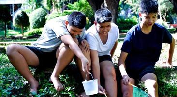 drie midden- school- jongens in zuidoosten Azië houden apparaten naar studie en onderzoeken de ecologie van de onder water ze leven in. ideeën voor aan het leren buiten de klas, zacht en selectief focus. foto