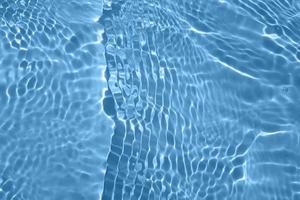 onscherp wazig transparant blauw gekleurde Doorzichtig kalmte water oppervlakte structuur met spatten en bubbels. modieus abstract natuur achtergrond. water golven in zonlicht met kopiëren ruimte. blauw waterverf schijnend foto
