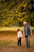 opa uitgeven tijd met zijn kleindochter in park Aan herfst dag foto