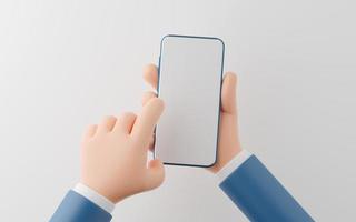 hand- van zakenman Holding blanco scherm smartphone Aan wit achtergrond, sociaal media afzet concept, 3d illustratie. foto