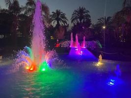een mooi nacht het zingen fontein met stralen van water en spatten met veelkleurig verlichting tegen de backdrop van tropisch palm bomen foto