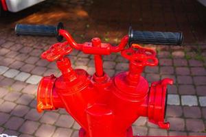 wijnoogst rood brand hydrant Aan de trottoir in een amusement park, brand blussen uitrusting foto