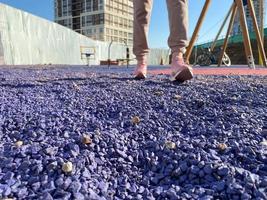 een jong mooi slank vrouw in een roze trainingspak en sportschoenen wandelingen Aan Purper stenen en grind in de sport- veld- in de binnenplaats van de huis foto