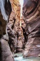 een rivier- rennen door een rots geul in wadi rum Jordanië foto