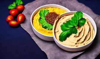 gezond voedsel. traditioneel vers gemaakt biologisch hummus. foto