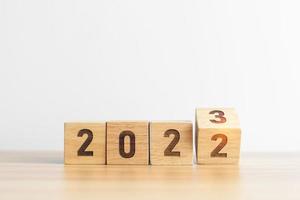 2022 verandering naar 2023 jaar blok Aan tafel achtergrond. doel, oplossing, strategie, plan, begin, begroting, missie, actie, motivatie en nieuw jaar concepten foto