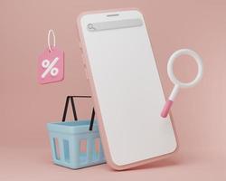 3d renderen illustratie tekenfilm minimaal smartphone en boodschappen doen mand. online boodschappen doen concept. Promotie, uitverkoop, banier, website, e-commerce concept. foto