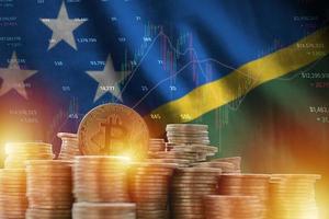 Solomon eilanden vlag en groot bedrag van gouden bitcoin munten en handel platform grafiek. crypto valuta foto