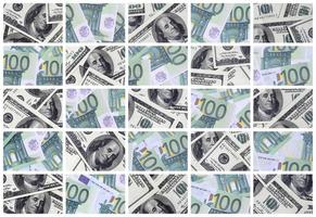 een collage van veel afbeeldingen van euro bankbiljetten in denominaties van 100 en 500 euro aan het liegen in de hoop foto