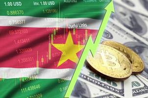 Suriname vlag en cryptogeld groeit neiging met twee bitcoins Aan dollar rekeningen foto