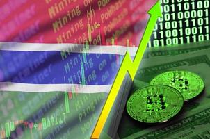 Gambia vlag en cryptogeld groeit neiging met twee bitcoins Aan dollar rekeningen en binair code Scherm foto
