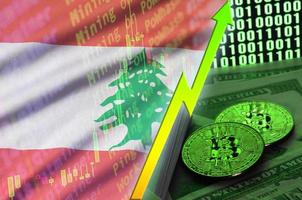 Libanon vlag en cryptogeld groeit neiging met twee bitcoins Aan dollar rekeningen en binair code Scherm foto