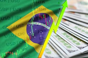 Brazilië vlag en tabel groeit ons dollar positie met een ventilator van dollar rekeningen foto