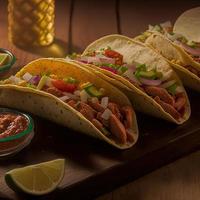 hoog hoek Mexicaans taco's Aan houten achtergrond foto