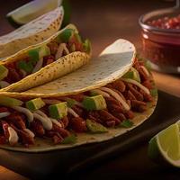 hoog hoek Mexicaans taco's Aan houten achtergrond foto