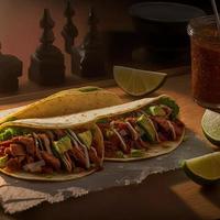 hoog hoek Mexicaans taco's Aan houten achtergrond foto