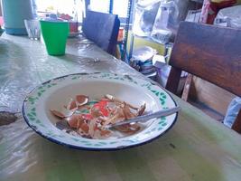 de dining tafel is in een troep. een rommelig dining tafel met gebruikt gerechten en vol van voedsel kladjes dat hebben niet geweest schoongemaakt. echt leven. jaareinde foto