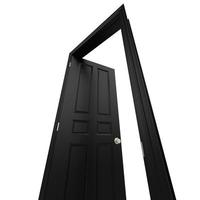 Open geïsoleerd zwart deur Gesloten 3d illustratie renderen foto